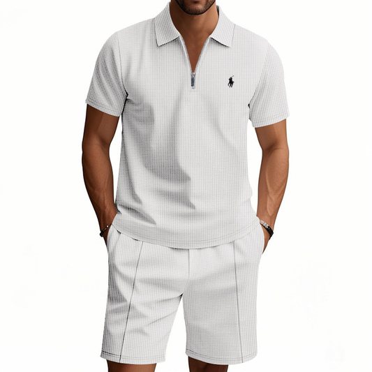 Waffle-print solid color casual loose collared t-shirt and shorts set