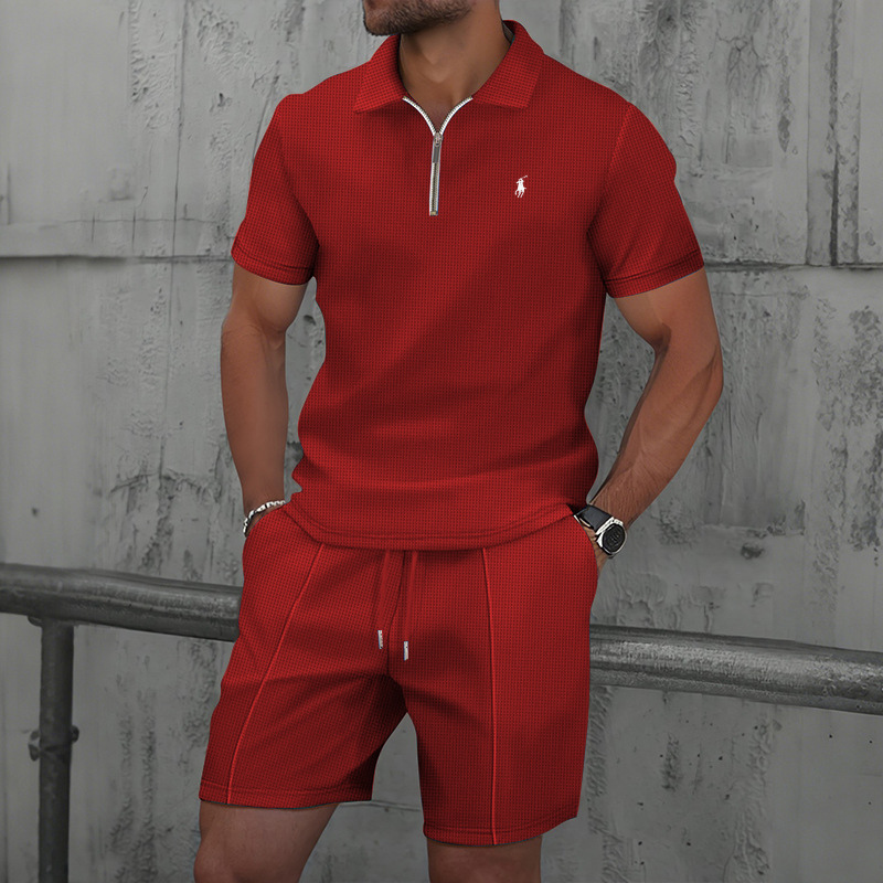 Waffle-print solid color casual loose collared t-shirt and shorts set