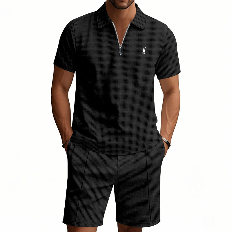 Waffle-print solid color casual loose collared t-shirt and shorts set