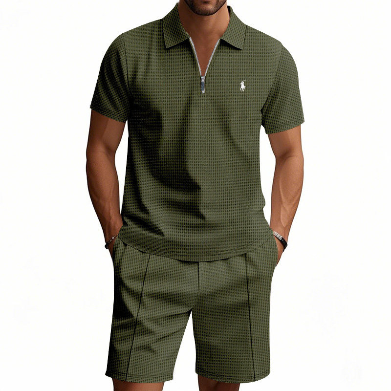 Waffle-print solid color casual loose collared t-shirt and shorts set
