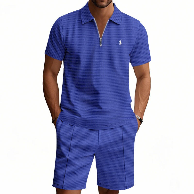 Waffle-print solid color casual loose collared t-shirt and shorts set