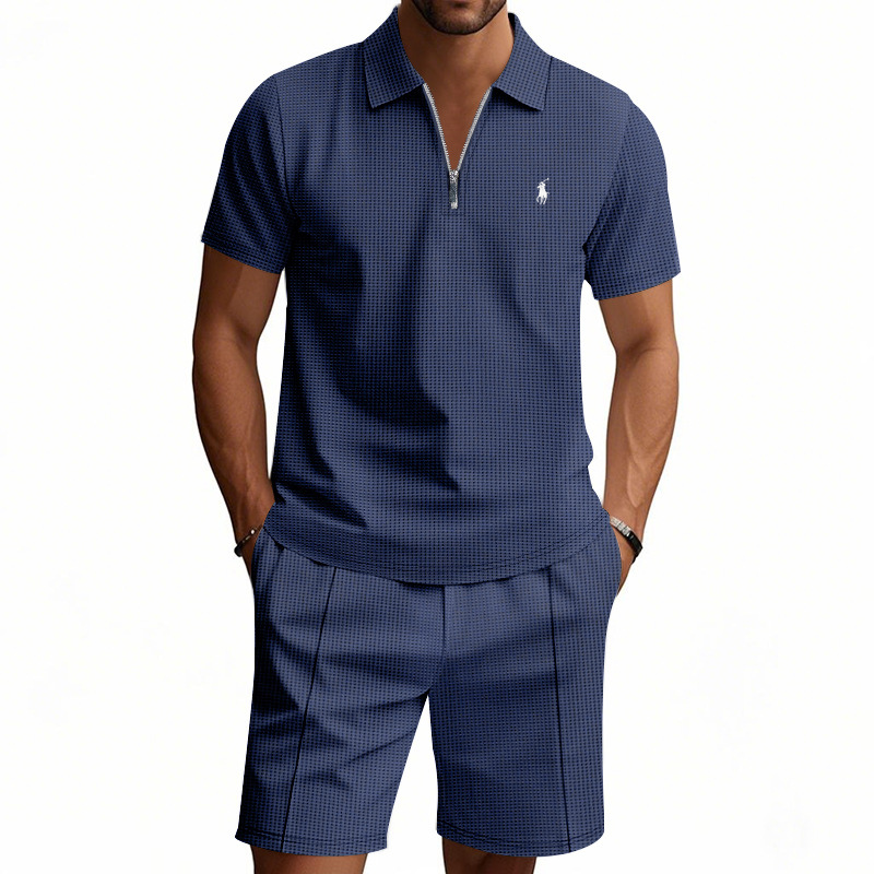 Waffle-print solid color casual loose collared t-shirt and shorts set
