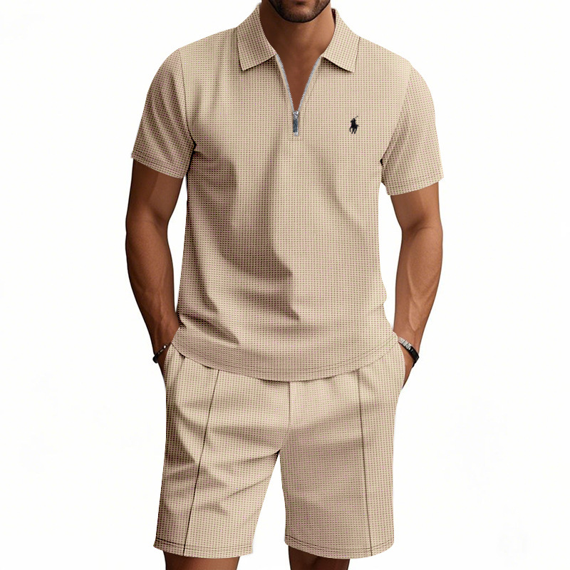 Waffle-print solid color casual loose collared t-shirt and shorts set