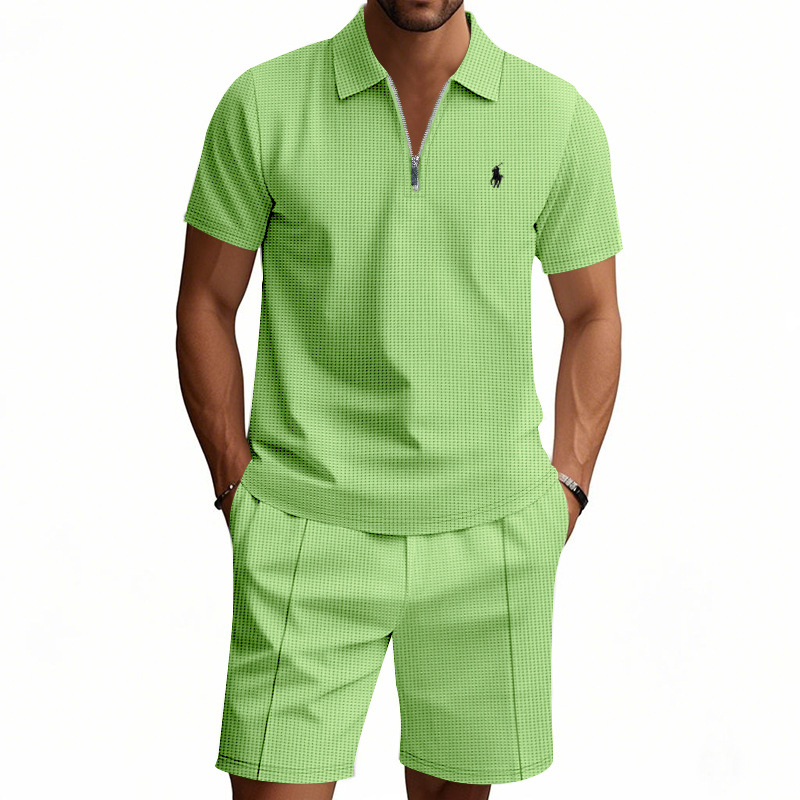Waffle-print solid color casual loose collared t-shirt and shorts set