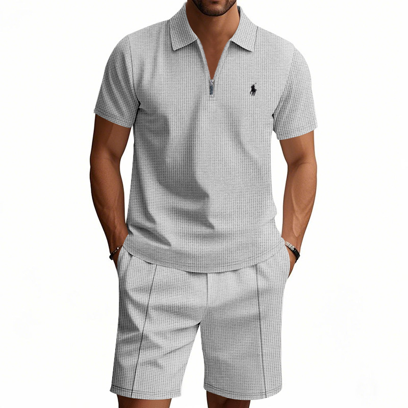 Waffle-print solid color casual loose collared t-shirt and shorts set