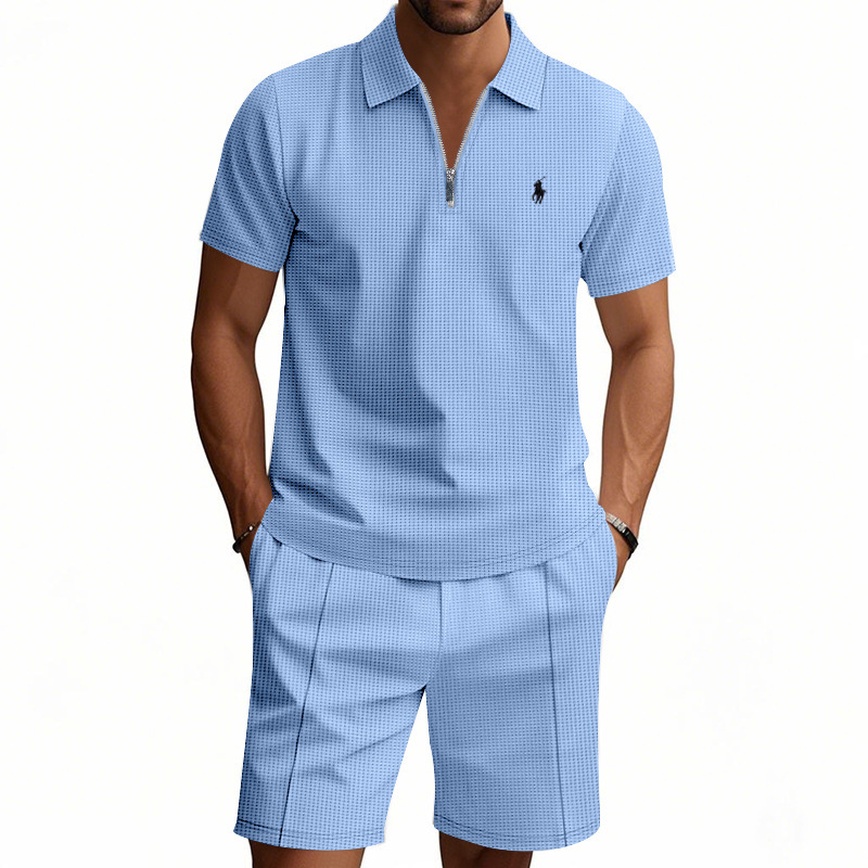 Waffle-print solid color casual loose collared t-shirt and shorts set