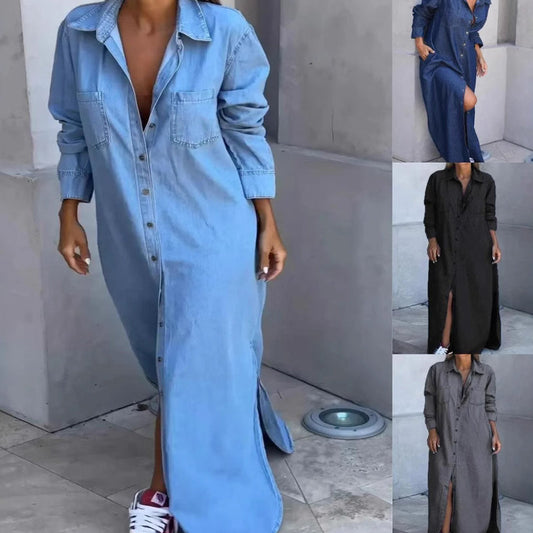 🎉 50% off! 👖 Women's denim maxi skirt: Button-front closure + side slit – can be worn as a dress or a jacket.