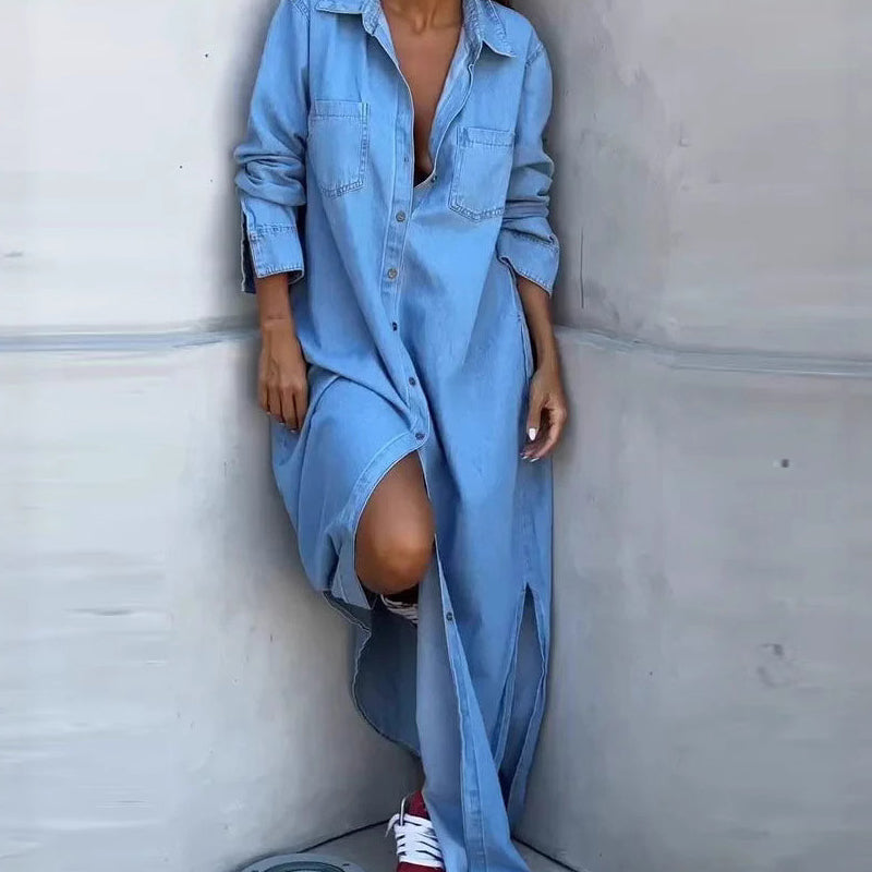 🎉 50% off! 👖 Women's denim maxi skirt: Button-front closure + side slit – can be worn as a dress or a jacket.