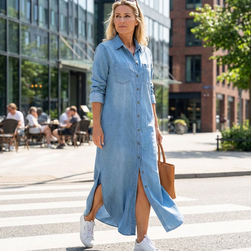 🎉 50% off! 👖 Women's denim maxi skirt: Button-front closure + side slit – can be worn as a dress or a jacket.