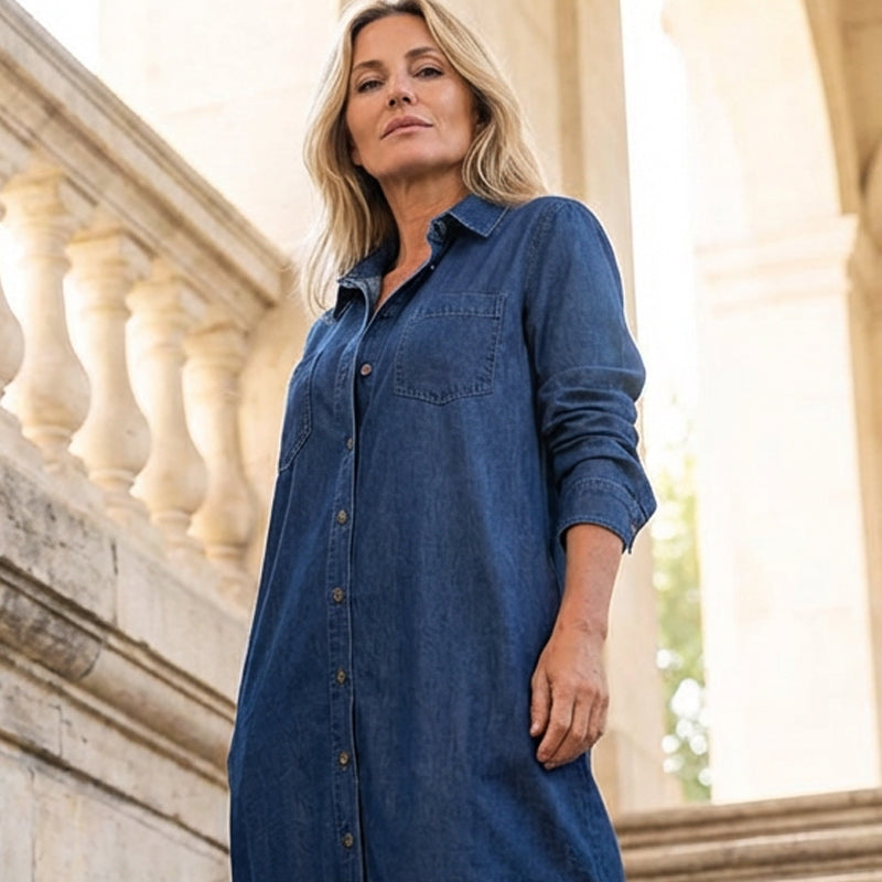 🎉 50% off! 👖 Women's denim maxi skirt: Button-front closure + side slit – can be worn as a dress or a jacket.
