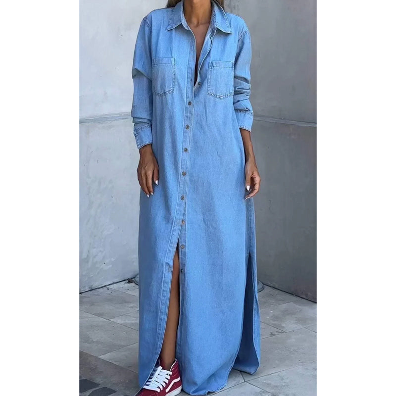 🎉 50% off! 👖 Women's denim maxi skirt: Button-front closure + side slit – can be worn as a dress or a jacket.