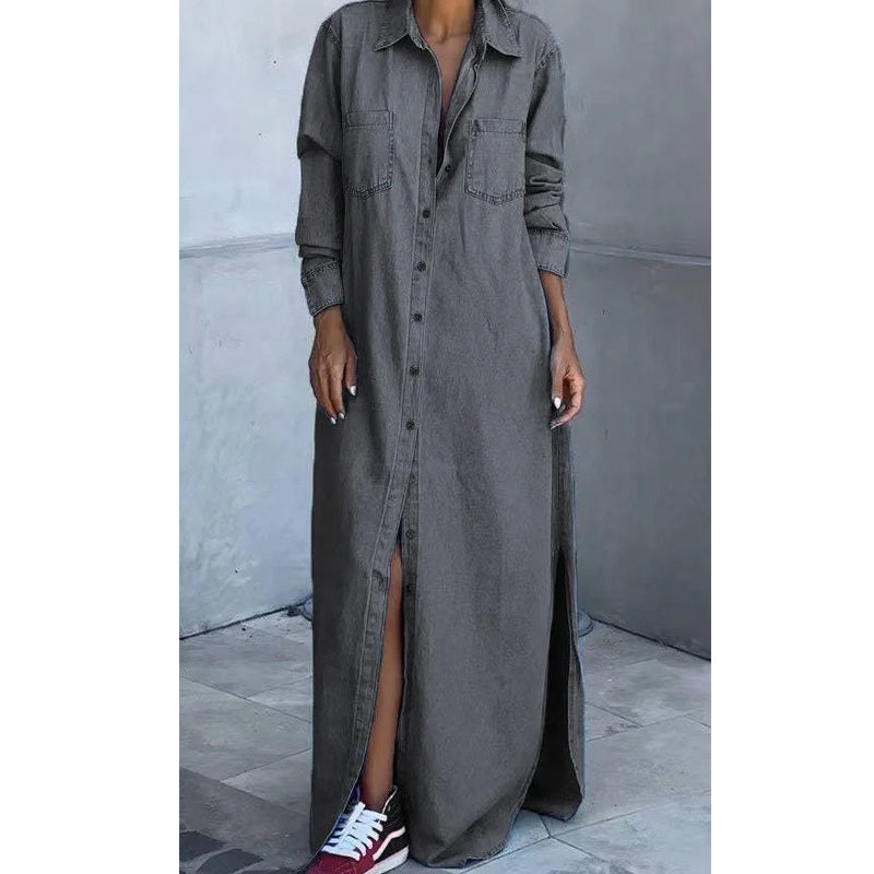 🎉 50% off! 👖 Women's denim maxi skirt: Button-front closure + side slit – can be worn as a dress or a jacket.