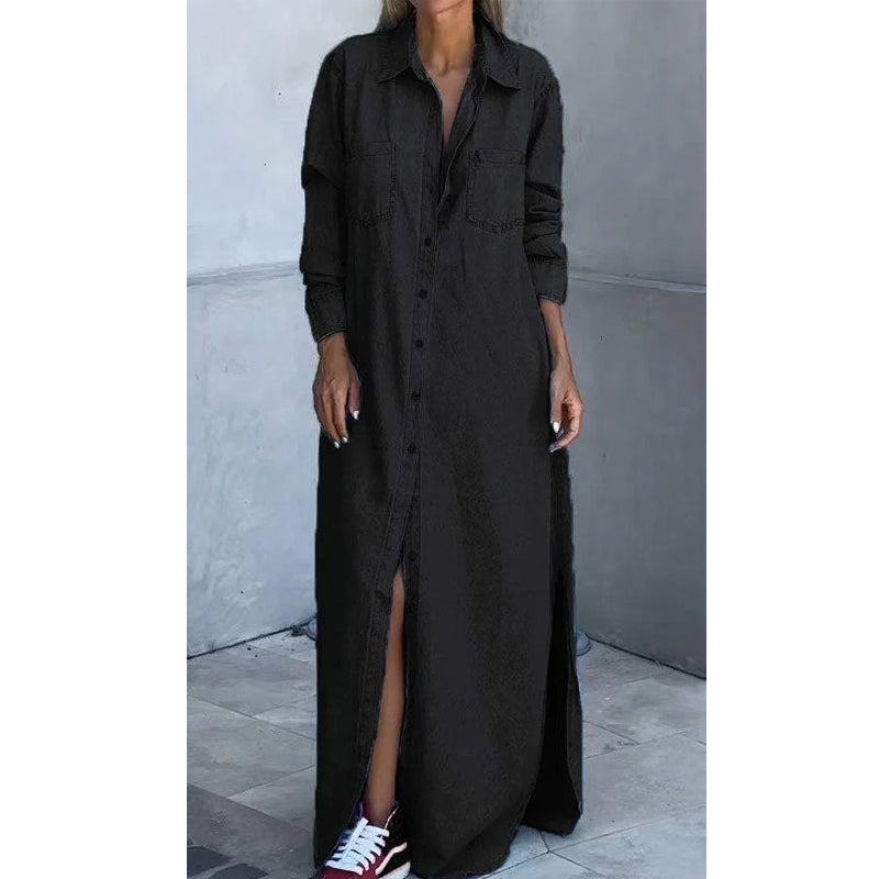 🎉 50% off! 👖 Women's denim maxi skirt: Button-front closure + side slit – can be worn as a dress or a jacket.