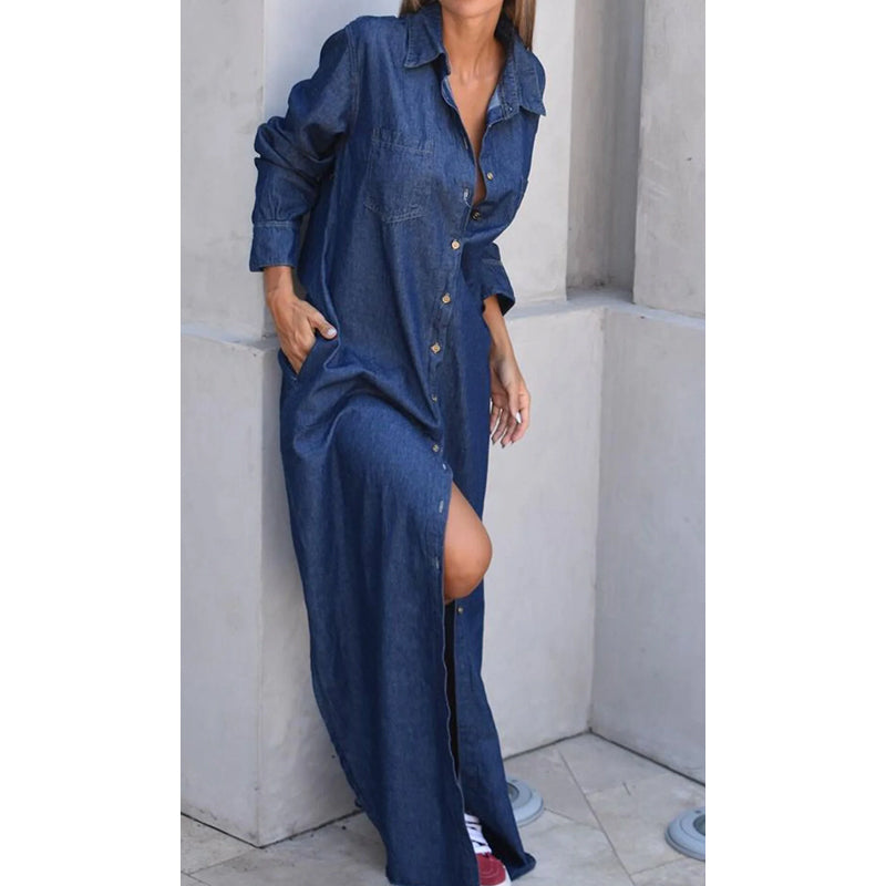 🎉 50% off! 👖 Women's denim maxi skirt: Button-front closure + side slit – can be worn as a dress or a jacket.